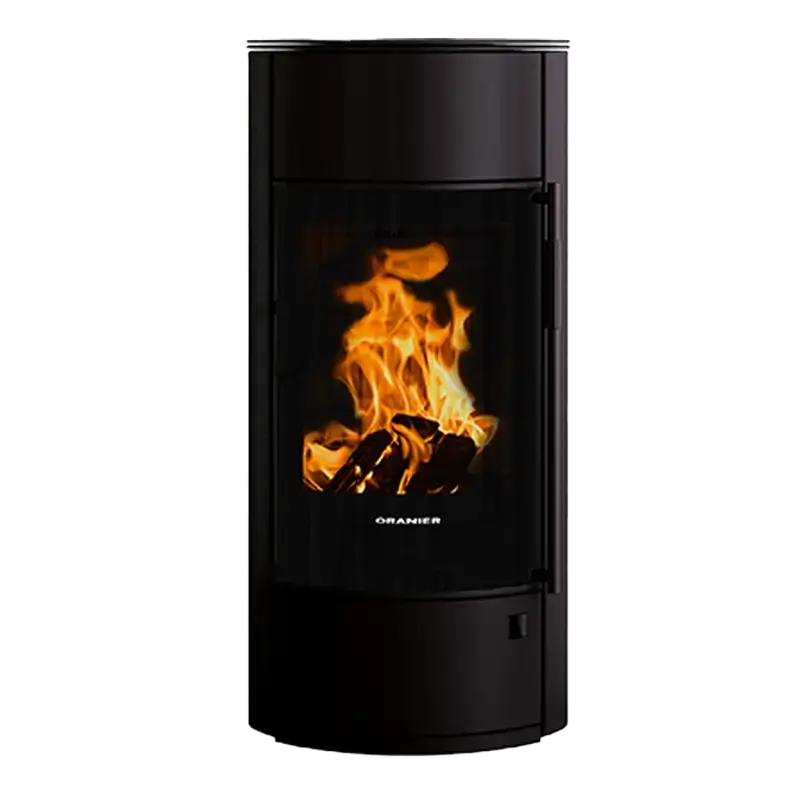 Oranier Polar Neo pureBLACK W+ – transparent produktbilde av sort kuleformet vedovn hos Billigpeis