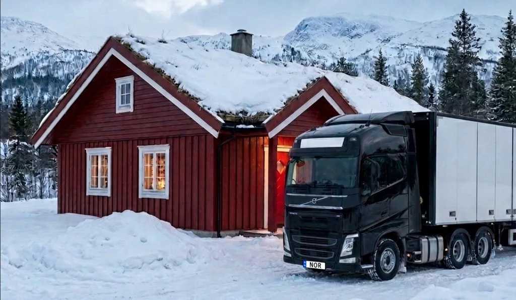 Svart Volvo-lastebil med hvit henger foran en rød hytte i snølandskap