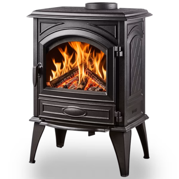 Dovre 540 W støpejerns peisovn sidevisning med synlige flammer