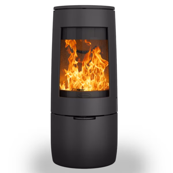 Dovre Bold 400 moderne rund peisovn i støpejern med buet glass