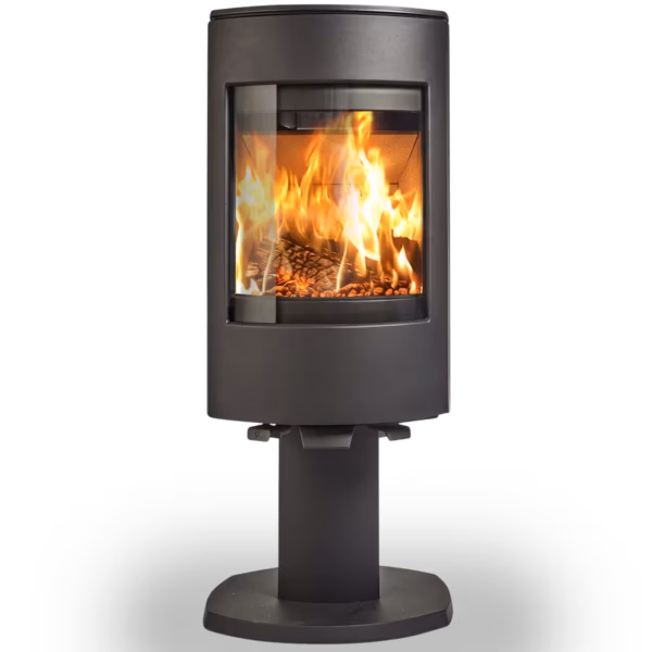 Dovre Leon Leg høy moderne peisovn i støpejern på ben med stort glass og sideglass