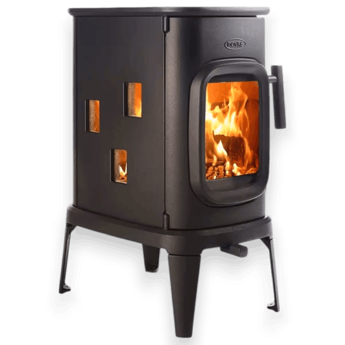 Dovre Saga 107 peisovn, sett fra høyre side, med sideglass Title