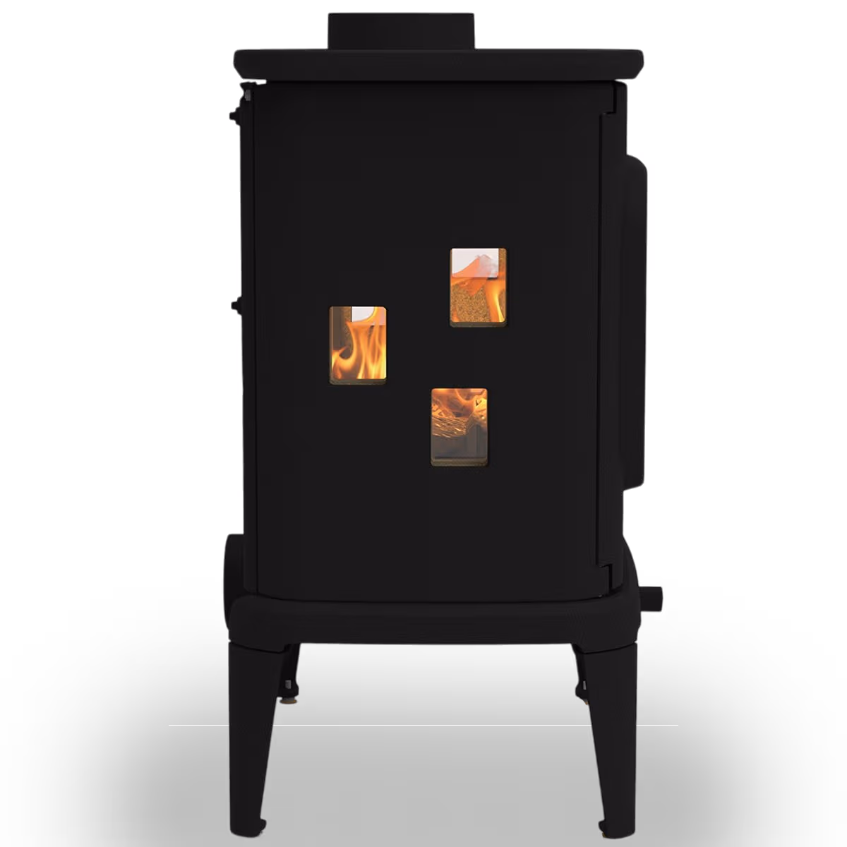 Sideprofil av Dovre Saga 207 peisovn i støpejern som viser tre små sideglass og avrundet design