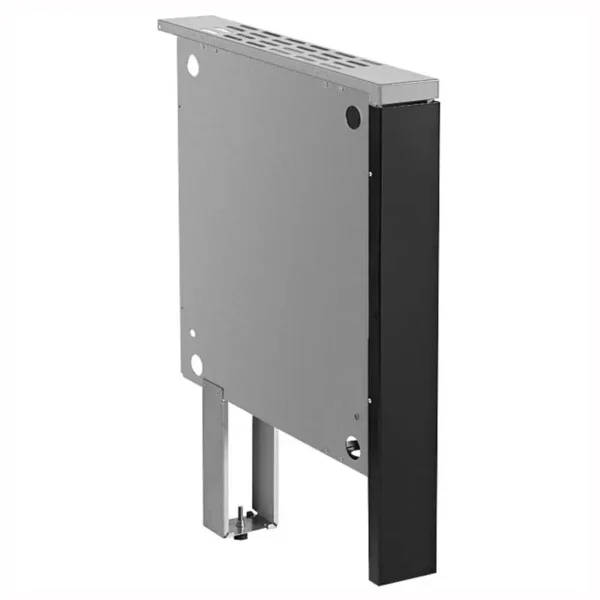 En slank, moderne metallskillevegg (brannvegg) i Justus sort, med et grått øvre panel med ventilasjonsslisser og monteringshull, kombinert med et svart sidepanel og robuste metallbein for hevet installasjon.